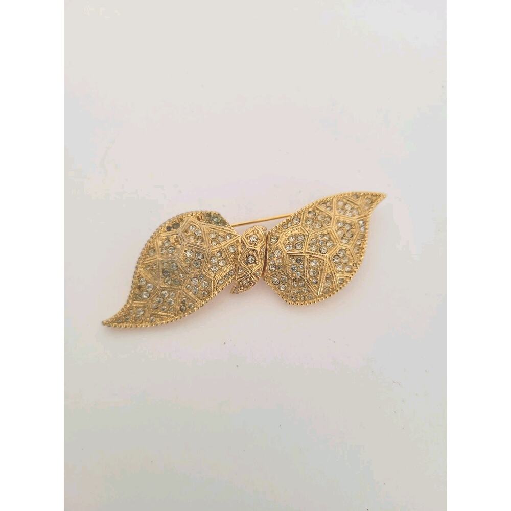 Vintage D'ORLAN Rhinestone Bow Brooch Pin 3" Gold Tone